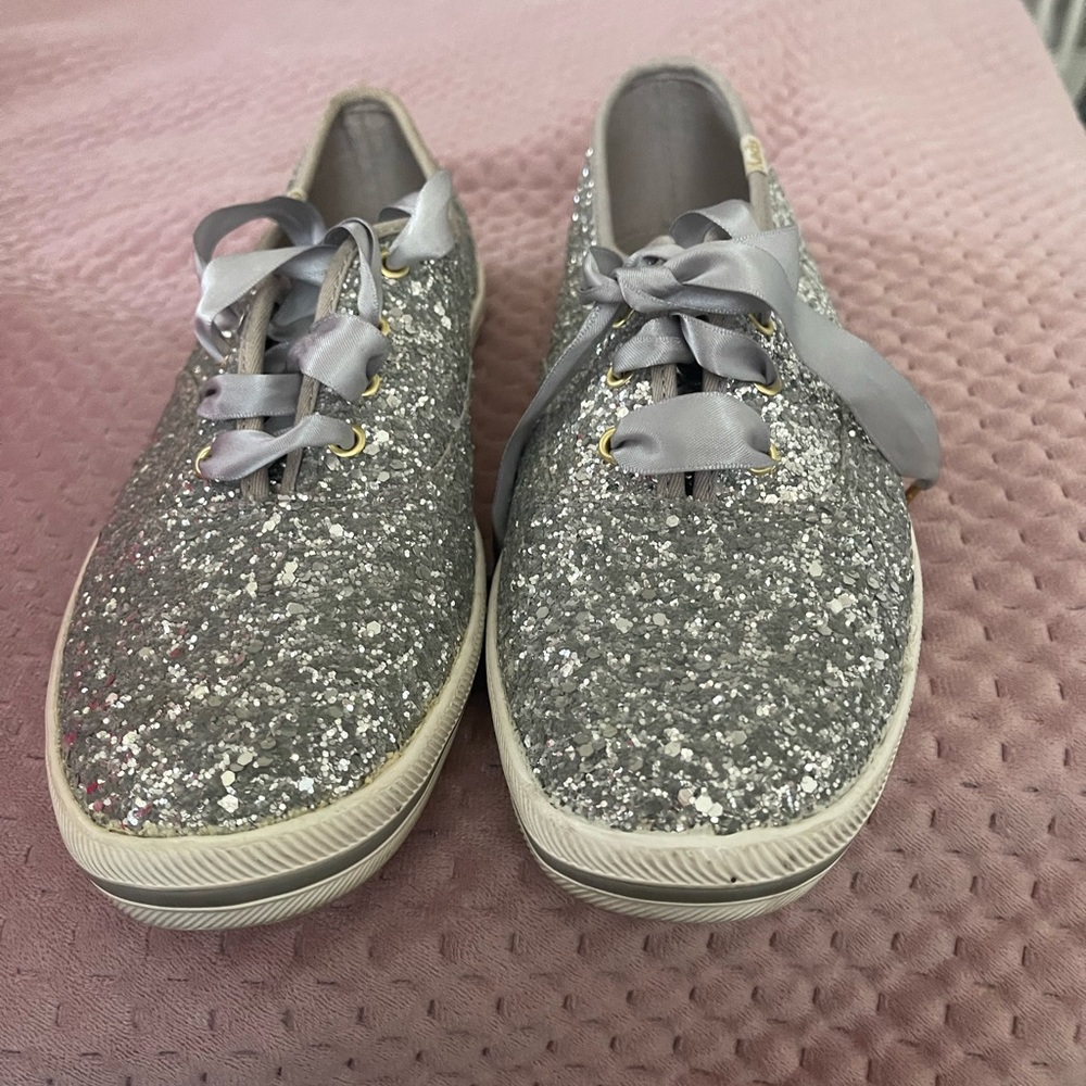 Keds Silver Glitter Lace-Up Sneakers with Satin Ribbon Laces